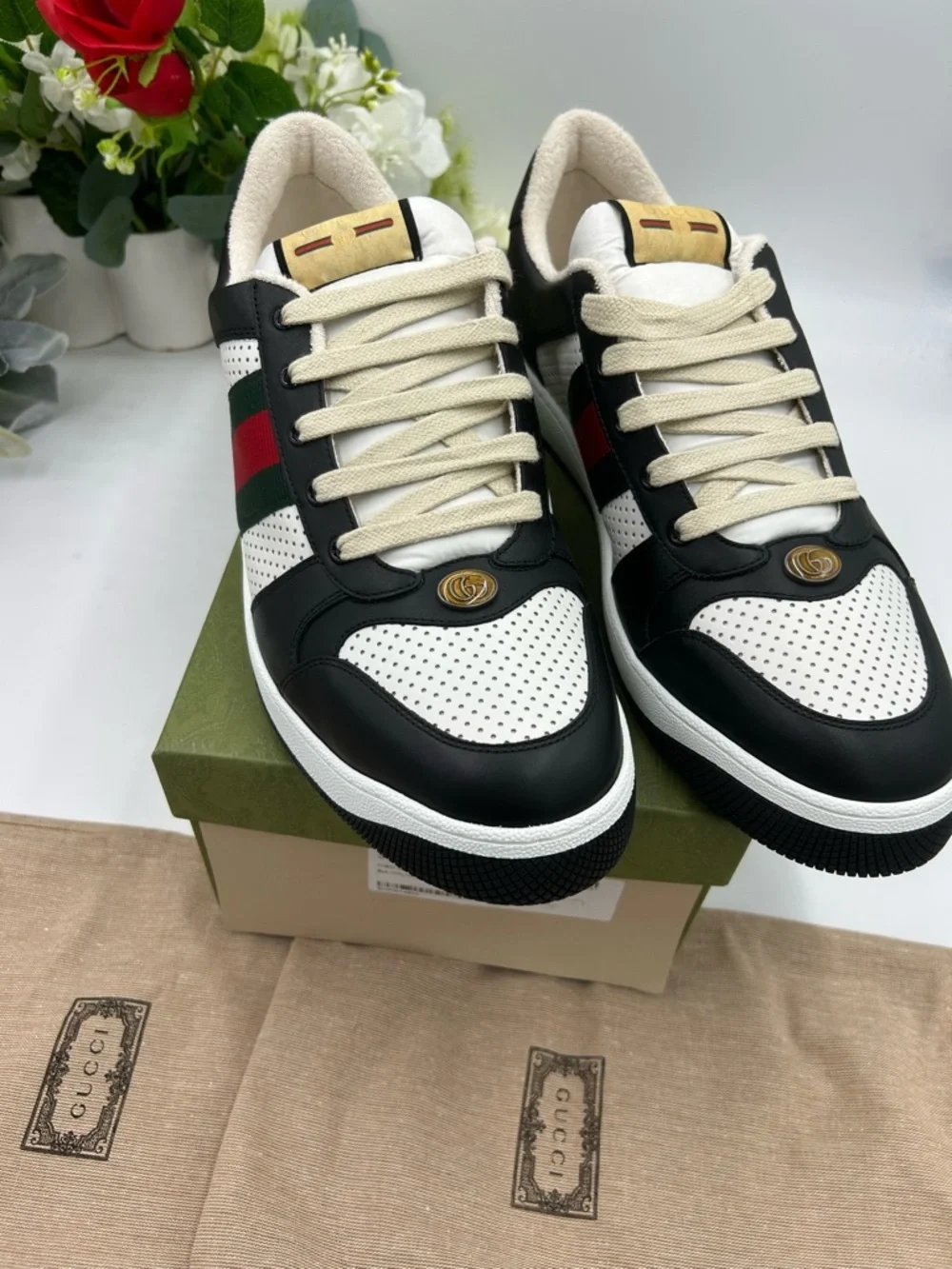 Men's Gucci screener low top leather black/white sneakers size 14 made in Italy